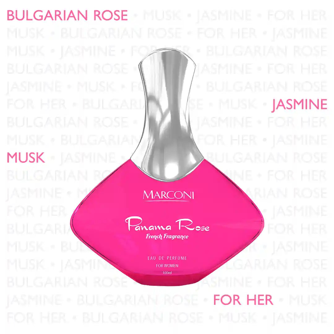 PANAMA ROSE Bulgarian Pink Rose Ylang Ylang & Musk Skin Friendly & Long Lasting Eau De French Perfume by Marconi Ideal for Women Best Fragrance For Morning Travel Date