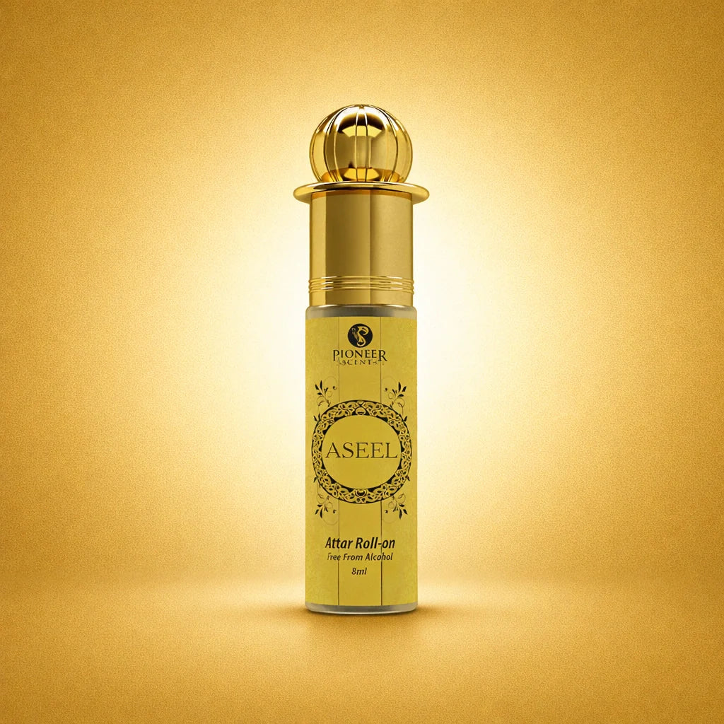 Aseel attar roll-on perfume, alcohol-free Arabic fragrance with saffron, rose, oud, sandalwood, amber and musk notes
