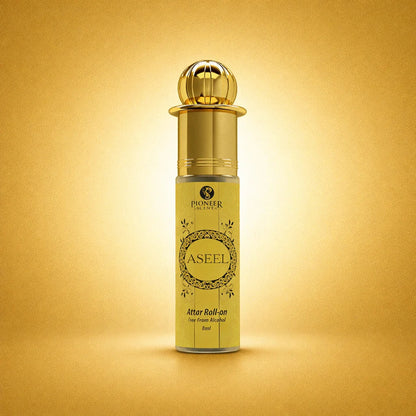 Aseel attar roll-on perfume, alcohol-free Arabic fragrance with saffron, rose, oud, sandalwood, amber and musk notes