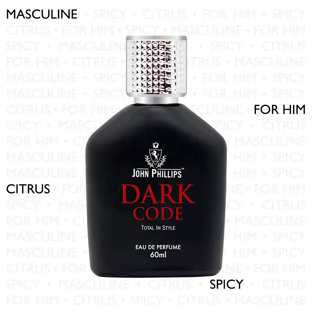 DARK CODE  Spicy & Woody  Skin Friendly & Long Lasting  Eau De French Perfume by John Phillips  Ideal for Men & Women  Unisex   Best Fragrance For   Party  Date