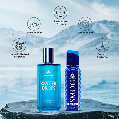 Water Drops & Smog Cool Blue No Gas Deo - Unisex Fragrance Combo Set ( 125ml + 120ml )