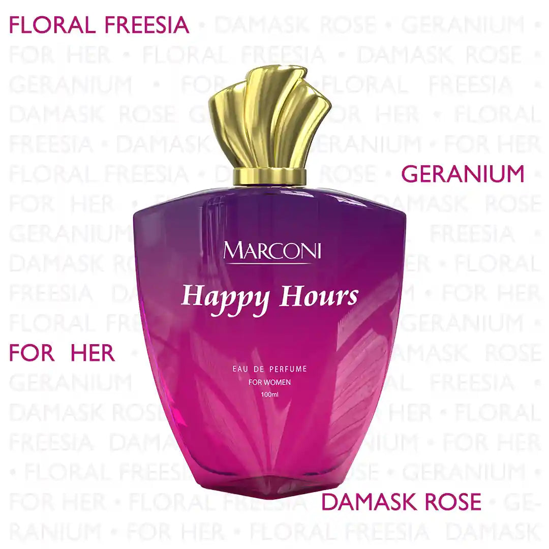 HAPPY HOURS  Bulgarian Rose Cherry & Freesia  Skin Friendly & Long Lasting  Eau De French Perfume by Marconi  Ideal for Women  Best Fragrance For   Gym  Travel  Date