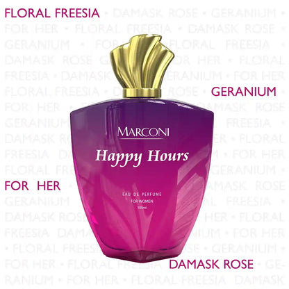 HAPPY HOURS  Bulgarian Rose Cherry & Freesia  Skin Friendly & Long Lasting  Eau De French Perfume by Marconi  Ideal for Women  Best Fragrance For   Gym  Travel  Date