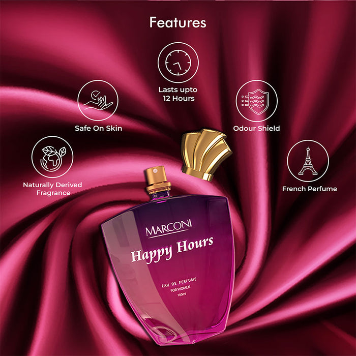 HAPPY HOURS | Skin Friendly & Long Lasting Perfume | Women Fragrance For Gym, Travel & Date | 100 ML - 1600+ Sprays