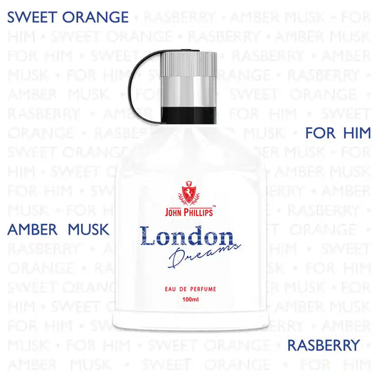 LONDON DREAMS  Fruity Floral & Hint of Pepper  Skin Friendly & Long Lasting  Eau De French Perfume by John Phillips  Ideal for Men & Women  Unisex   Best Fragrance For   Morning  Travel