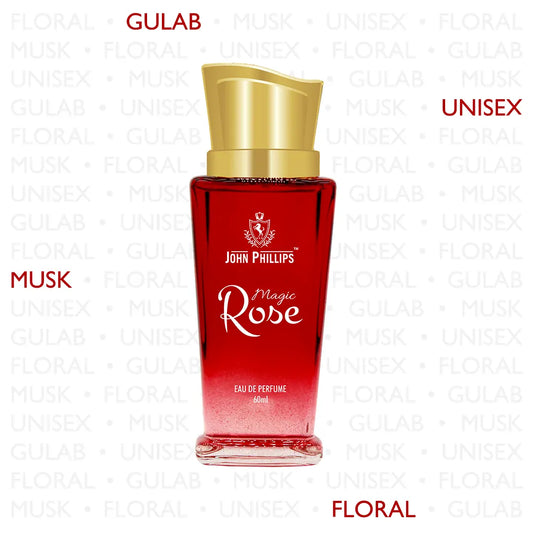 MAGIC ROSE  Red Rose Saffron & SandalWood  Skin Friendly & Long Lasting  Eau De French Perfume by John Phillips  Ideal for Men & Women  Unisex   Best Fragrance For   Morning  Travel  Date